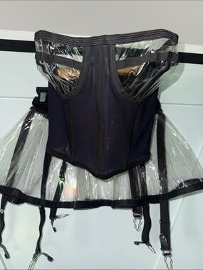 Vintage early 90’s Black PVC-Trim Corset and Skater Skirt.. Rare 1 Of A Kind